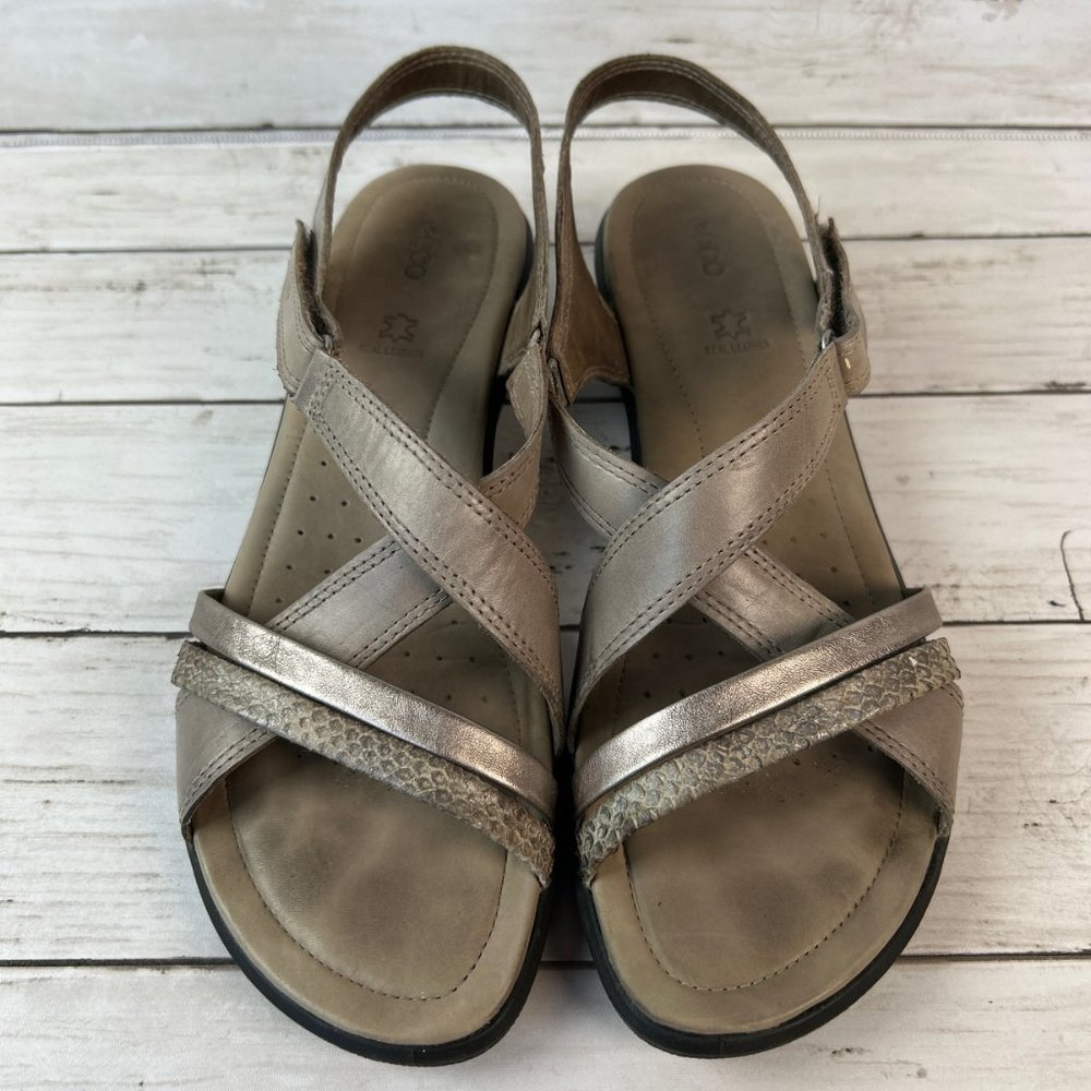 Ecco Comfort Sandals Womens 10-10.5/41 Gray Leather Hook & Loop Strap Wedge Heel